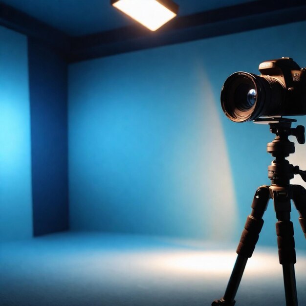 DSLR camera on a tripod in a room with blue walls