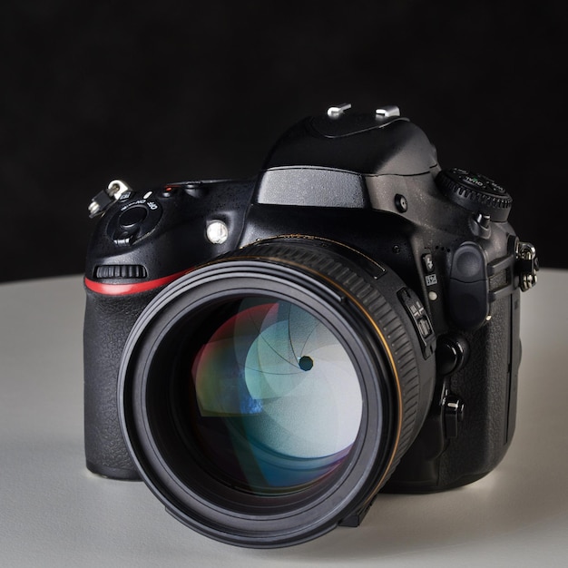 DSLR camera with big aperture ratio lens on black