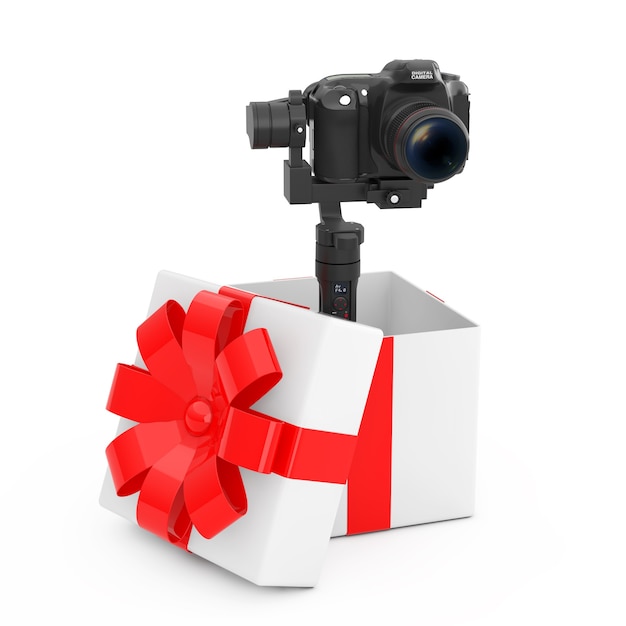 DSLR of videocamera Gimbal stabilisatie statief systeem komt uit de geschenkdoos met rood lint op een witte achtergrond. 3D-rendering