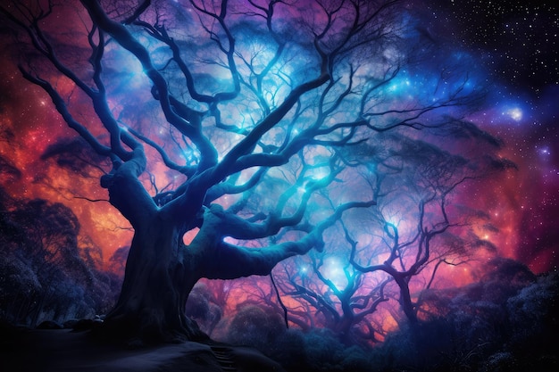 DSLR Photography of Otherworldly Nebula Forest and Big glowing tree