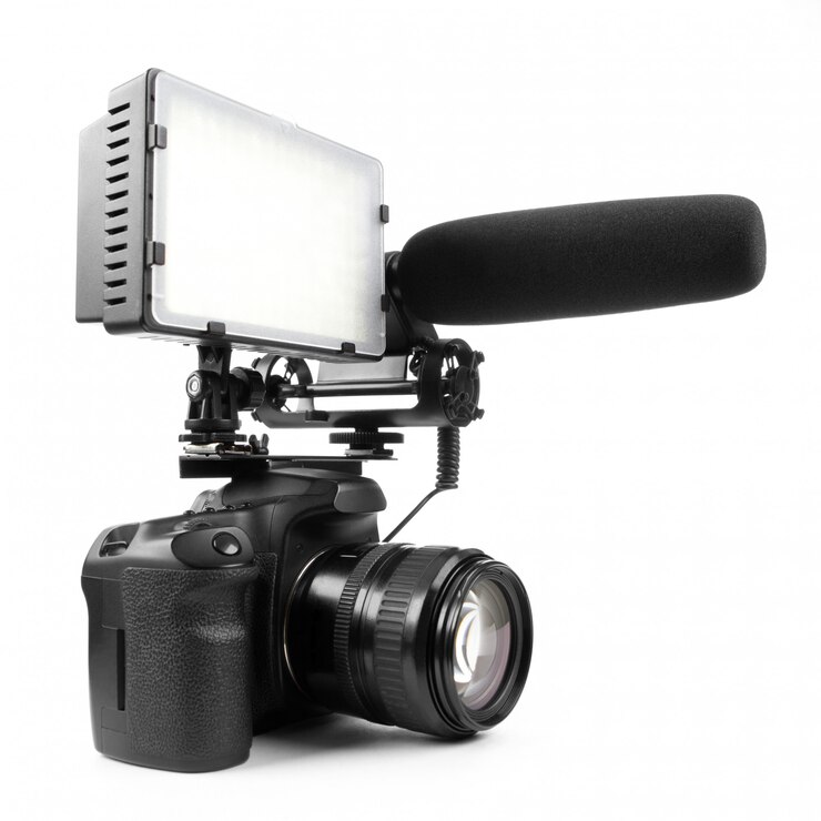 Foto dslr-videocamera die op witte oppervlakte met microfoon en licht wordt geïsoleerd.