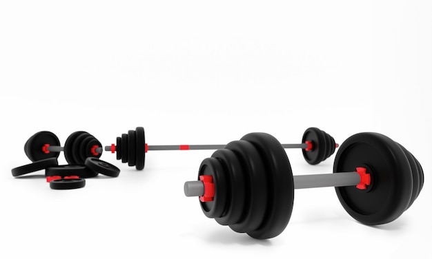 Двойные черные стальные гантели Красный замок на белом фоне Фитнес-оборудование для силовой подготовки рук и груди 3D-рендерирование