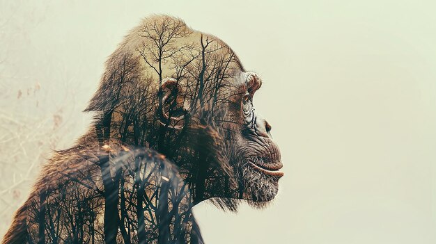 Dual Realities Double Exposure of Chimpanzee in Barren Forest