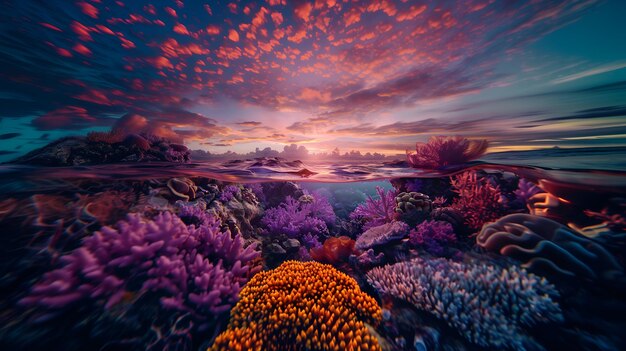 Photo a dual world of sea and underwater splendor