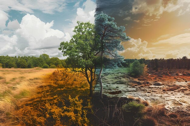 Photo the duality of climate change a contrast between lush forests and barren lands depicting the urgen