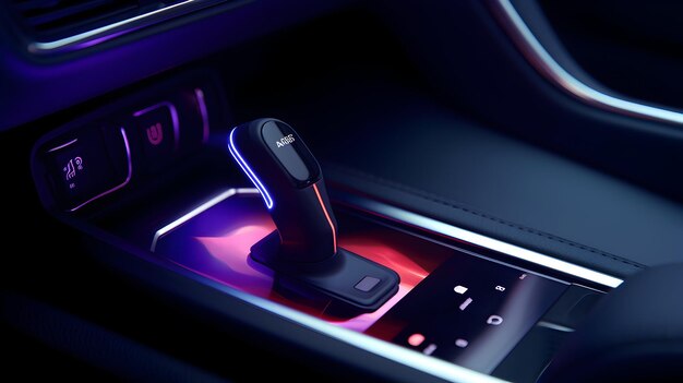 Photo dualport usb car charger plugged into a cars dashboard glowing led indicators