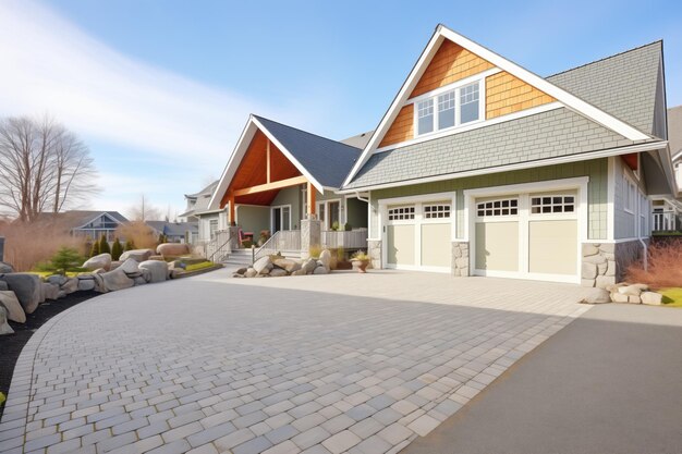 Photo dualstory shingle house with stone garage and paved path