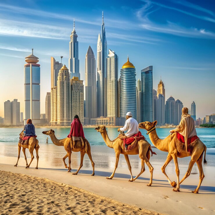 Photo dubai beach camels passing by on a dubai jumeirah beach