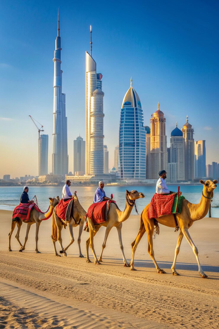 Photo dubai beach camels passing by on a dubai jumeirah beach