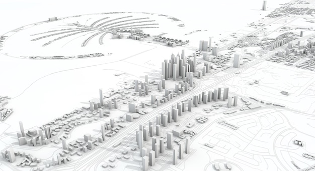 Карта города Дубай d рендеринга спутникового обзора с воздуха