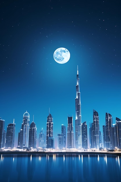 Dubai city and moon lit up at night illustration