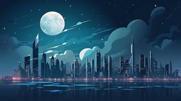 Dubai city and moon lit up at night illustration