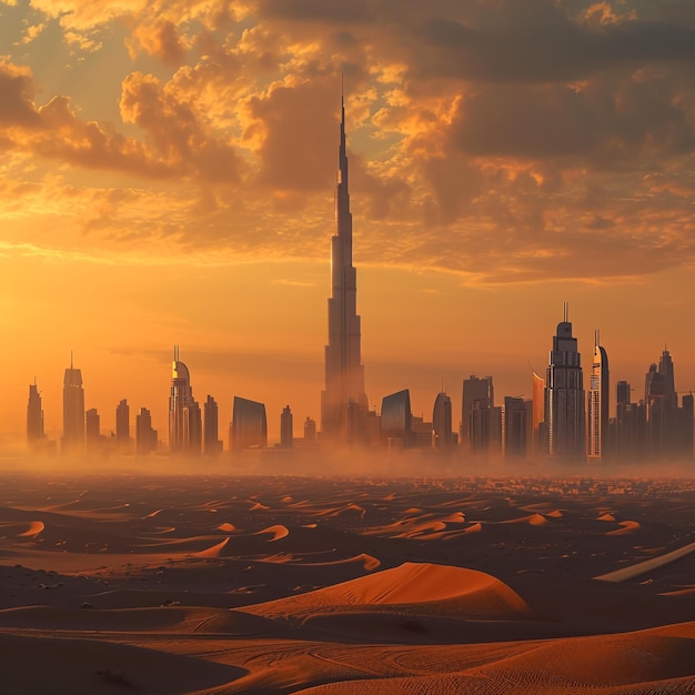 Dubai city skyline at sunset seen from the desert