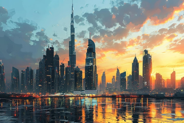 두바이 시의 스카이라인은 생성 인공지능 기술로 만들어진 높은 타워입니다.