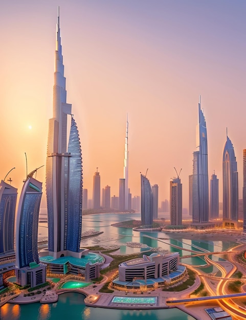Город Дубай с заходом солнца на заднем плане
