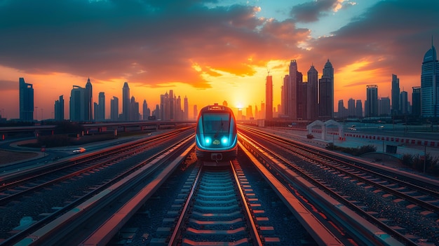 Photo dubai cityscape with modern metro train and skyscrapers at sunset traffic museum of future with uae city skyline at backgournd