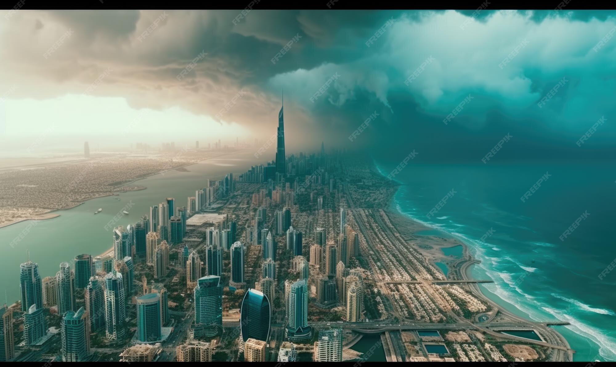 Premium AI Image Dubai dramatic panoramic view lightning storm Dubai