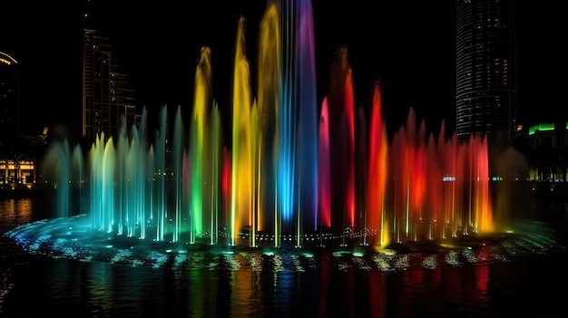 Дубайский фонтан яркого цвета Generative Ai