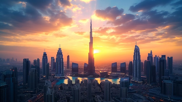 Dubai geweldige skyline van de stad met luxe wolkenkrabbers bij zonsondergang Verenigde Arabische Emiraten