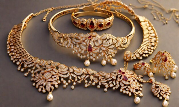 Dubai gold jewelry set of necklace ring bracelet and earrings with beautiful diamond stones