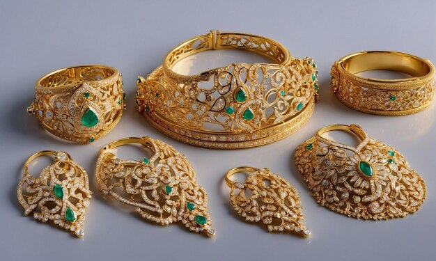 Photo dubai gold jewelry set of necklace ring bracelet and earrings with beautiful diamond stones