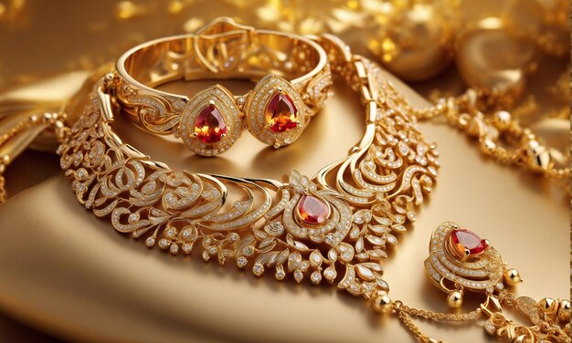 사진 두바이 금 보석 세트 목걸이 반지 팔 및 아름다운 다이아몬드 돌과 귀걸이