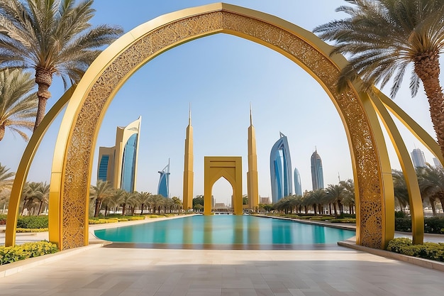 Foto dubai gouden frame gebouw vorm als een beeld frame zabeel park dubai verenigde arabische emiraten uae
