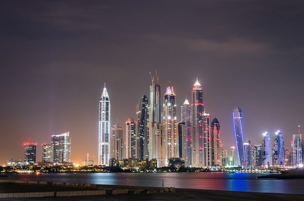 Dubai Marina skyline by night