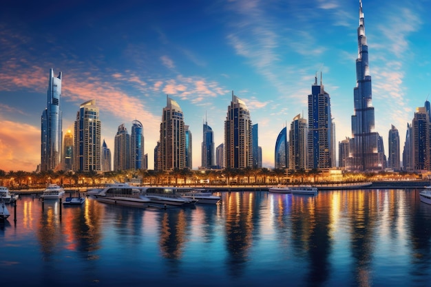 Dubai Marina at sunset in Dubai UAE Dubai was the fastest developing city in the world between 2002 and 2008 Beautiful Dubai downtown at the sunsetDubaiUnited Arab Emirates AI Generated