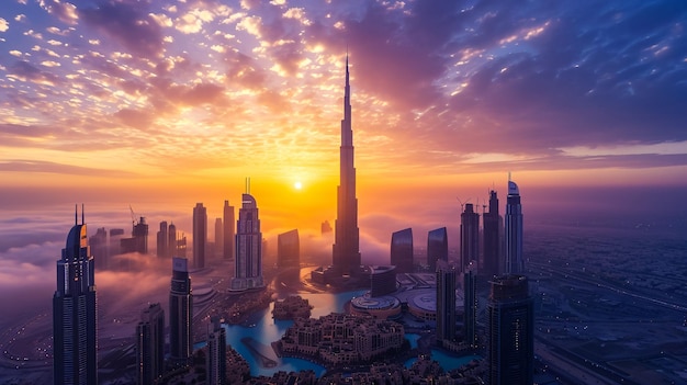 Dubai Skyline en Downtown met SZR lightrail en Lights