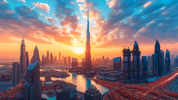 Dubai Skyline en Downtown met SZR lightrail en Lights