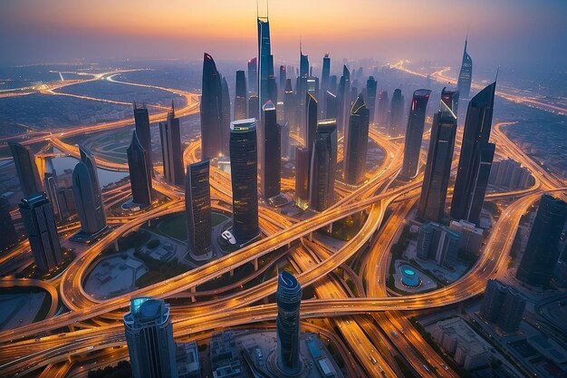 Photo dubai skyline with beautiful city close to its busiest highway on traffic