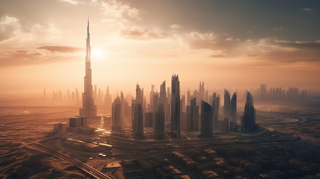 Photo dubai at the sunset generative ai