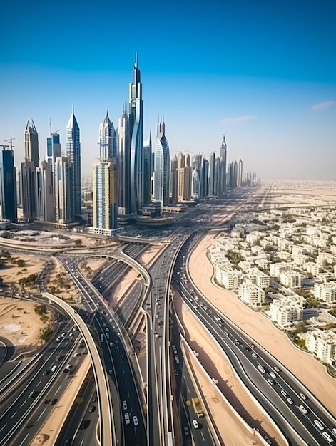 ドバイ・UAE 4月 鳥の空中撮影 シェイク・ザイード・ロードの目線 両側に高層ビルがある