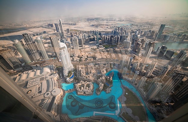 Dubai UAE November 08 2021 Cityscape of Dubai View on Downtown from At the top of Burj Khalifa