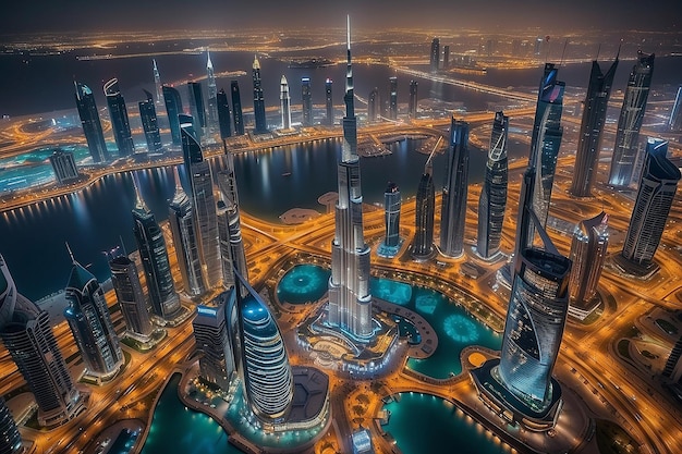 アラブ首長国連邦 ドバイ (Dubai) ドバイの街を夜に眺めるブージ・カリファ (Burj Khalifa) のスカイラインとドバイの高層ビルを眺める
