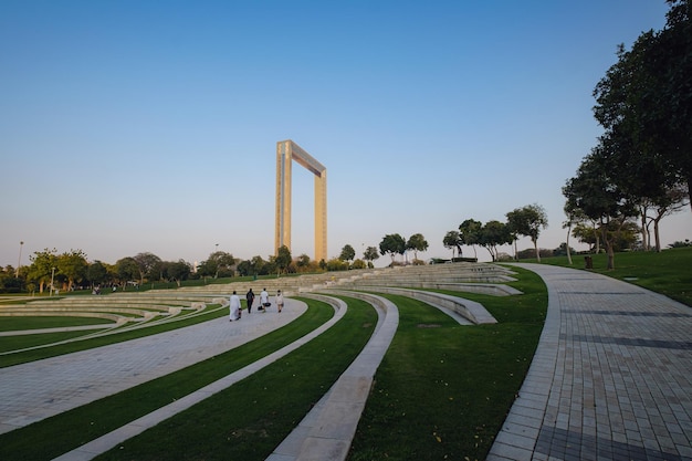 Dubai United Arab Emirates February 16th 2021 Dubai Frame building at sunset