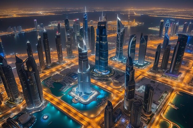 Dubai Verenigde Arabische Emiraten 17 december 2022 Dubai stad's nachts Luchtbeeld van Dubai stad wolkenkrabbers of skyline samen met Burj Khalifa gevangen van Downtown Dubai UAE