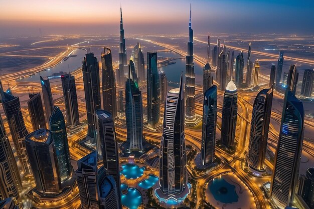 Dubai Verenigde Arabische Emiraten 17 december 2022 Dubai stad's nachts Luchtbeeld van Dubai stad wolkenkrabbers of skyline samen met Burj Khalifa gevangen van Downtown Dubai UAE