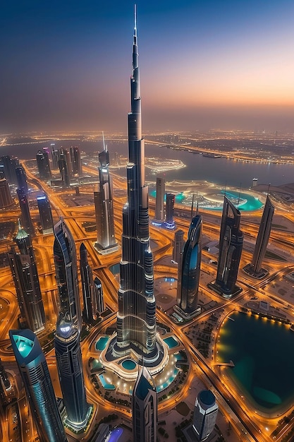 Dubai Verenigde Arabische Emiraten 17 december 2022 Dubai stad's nachts Luchtbeeld van Dubai stad wolkenkrabbers of skyline samen met Burj Khalifa gevangen van Downtown Dubai UAE