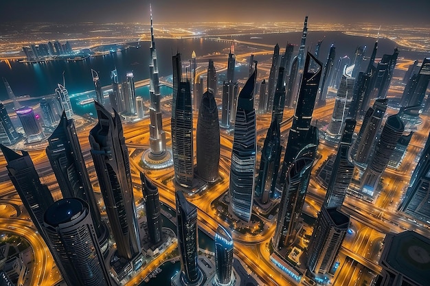 Dubai Verenigde Arabische Emiraten 17 december 2022 Dubai stad's nachts Luchtbeeld van Dubai stad wolkenkrabbers of skyline samen met Burj Khalifa gevangen van Downtown Dubai UAE