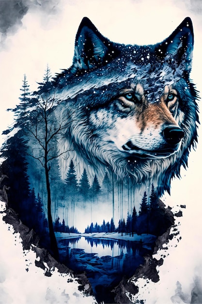 Dubbel belichtingsbeeld van een wolf en het winterbos