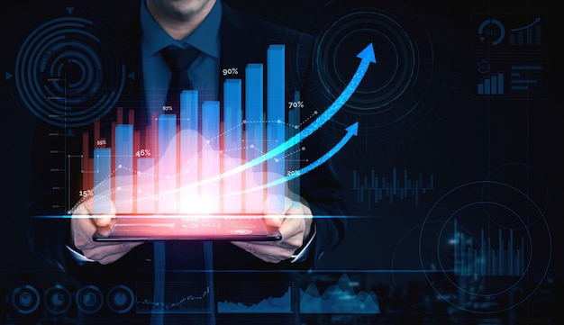 Dubbel belichtingsbeeld van zaken en financiën - zakenman met rapportgrafiek naar voren tot financiële winstgroei van aandelenmarktinvesteringen