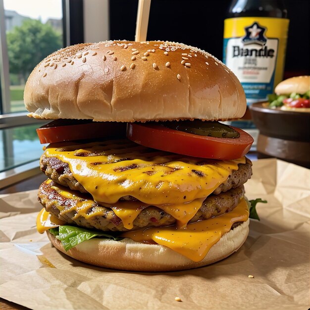 Foto dubbel gestapelde sappige cheeseburger.