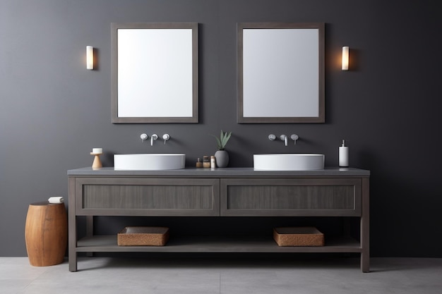 Dubbele badkamer gootsteen staande op grijze toonbank in een kamer met grijze muren en grote horizontale spiegel 3