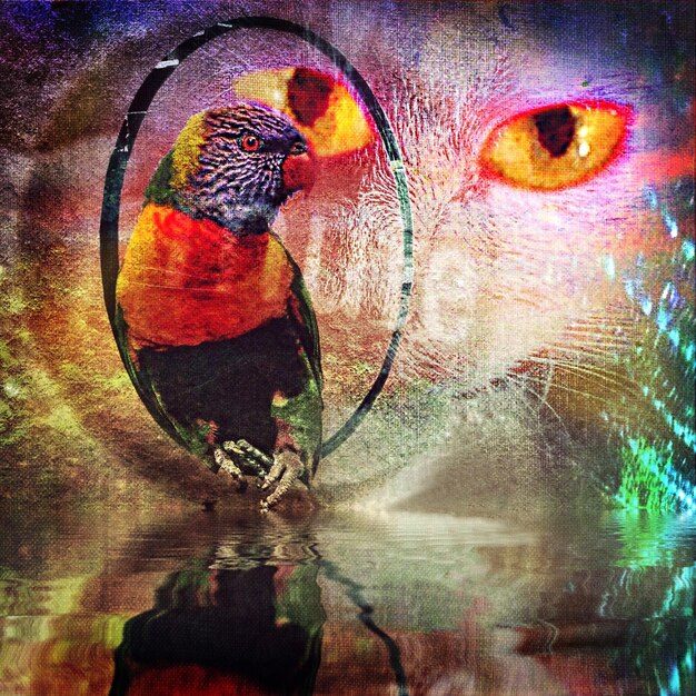 Foto dubbele belichting beeld van papegaai en kat met reflecties