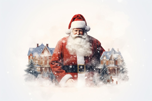 Foto dubbele belichting cartoon van de kerstman en het prachtige kerstdecoratieve dorp