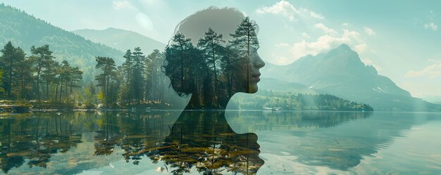 Foto dubbele belichting combineert een vrouw's gezicht bergen bos en een waterlichaam panoramisch uitzicht het concept van de eenheid van natuur en man droom herinneren of plannen een beklimming een herinnering aan een reis