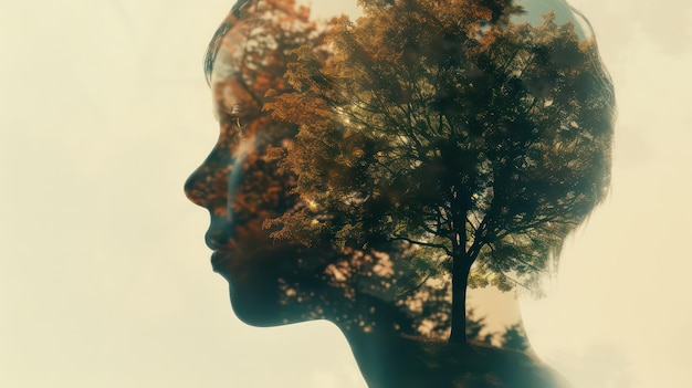 Foto dubbele belichting silhouet hoofdportret van een bedachtzame man gecombineerd met een foto van een bos conceptuele afbeelding die de eenheid van de mens met de natuur toont ecologie vrijheid omgeving