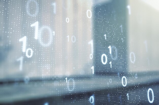 Dubbele belichting van abstract virtueel binair codehologram op de buitenachtergrond van een modern zakencentrum Database- en programmeerconcept